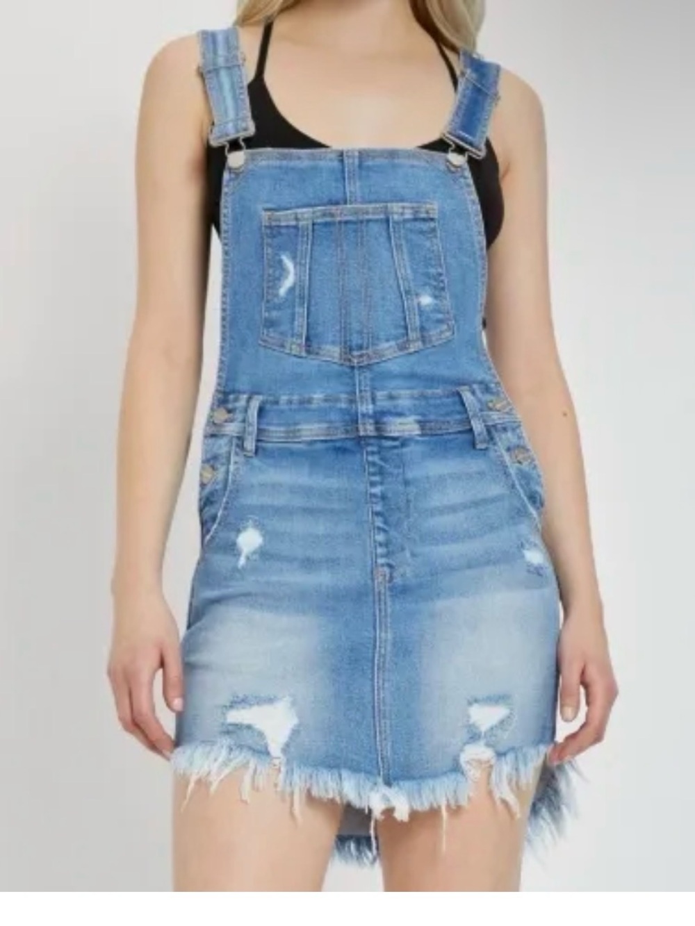 Risen Light Wash Distressed Denim Overall Skirt